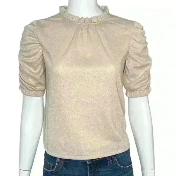 Walter Baker Blush Shimmer Ruched Sleeve Blouse Keyhole Back Size S - Picture 2 of 11
